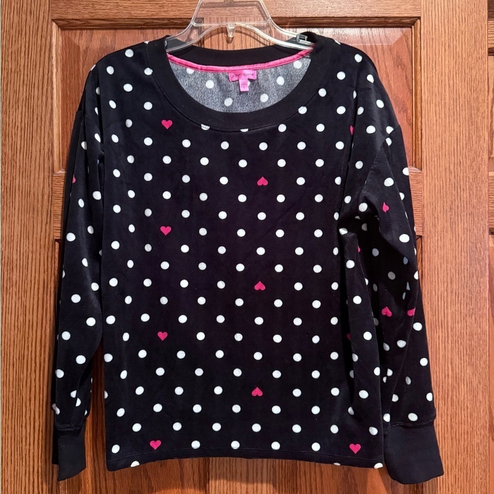 Betsy Johnson Polka Dot & Heart Velour Top/Sweater Women's Large Long Sleeves